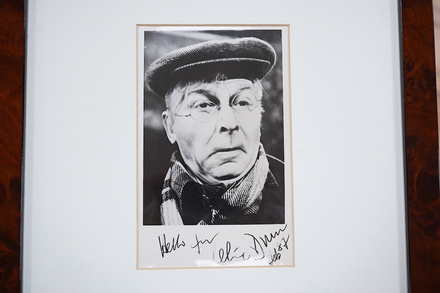 Six framed autographs and letters; including a letter from Kenneth Williams on headed notepaper dated 1971, together with another Williams signed photograph, a signed photograph of Clive Dunn, dated February ‘87, a signe